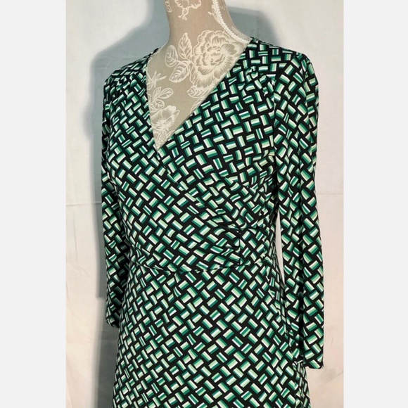 Ann Taylor LOFT Green Black Weave Print Knit 3/4 Sleeve Casual Poly Knit Dress~0 - Picture 3 of 12